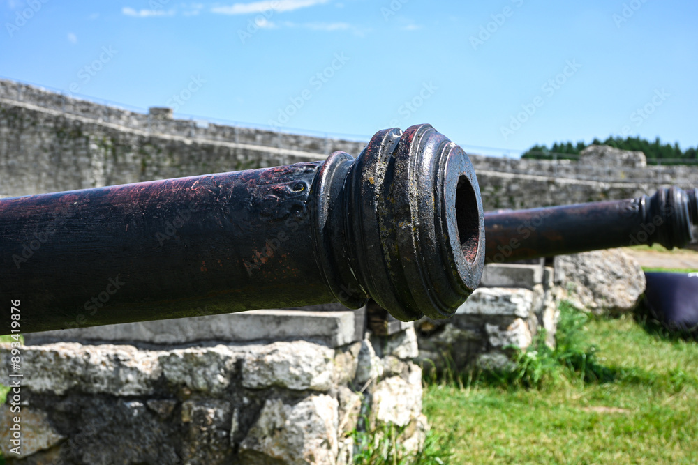 Old, weathered cannon pointing towards enemy lines, protecting a fortress Old, weathered cannon pointing towards enemy lines, protecting a fortress