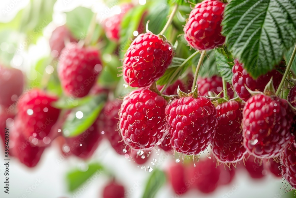 Raspberries and half slices suspended in the air with green leaves with water. Generative AI Raspberries and half slices suspended in the air with green leaves with water. Generative AI