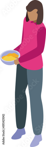 Isometric illustration of a young woman holding a bowl with hot food