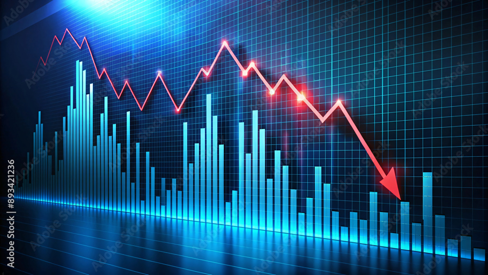 A 3D graph showing market down with arrows and charts A 3D graph showing market down with arrows and charts