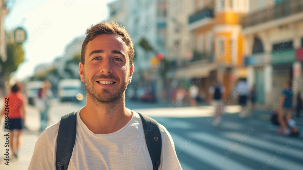 Fototapeta premium Bright Summer Day: Man Waiting at Crosswalk