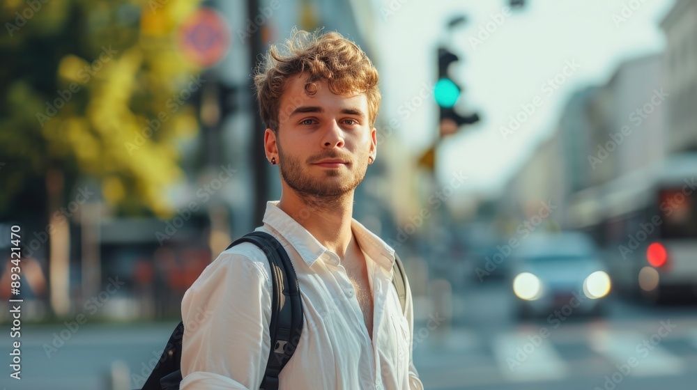 Fototapeta premium Casual Summer Attire: Man Smiling at Traffic Signal