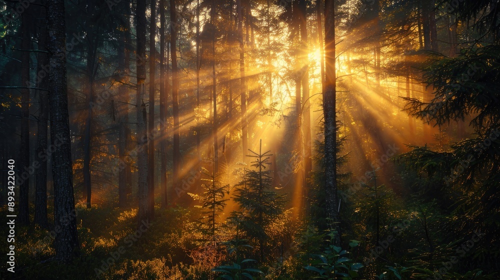 Fototapeta premium Sunbeams breaking through the trees, creating a mystical atmosphere in the forest.