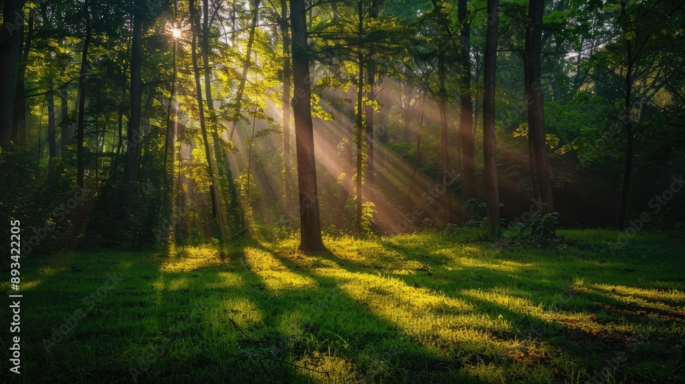 Fototapeta premium Sunbeams creating a beautiful interplay of light and shadow on the forest ground.