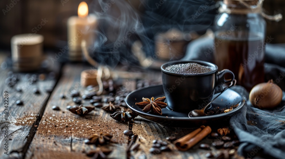 Steaming Coffee Cup with Spices and Candles Steaming Coffee Cup with Spices and Candles