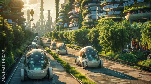 A futuristic city with self driving cars traversing a tree lined road