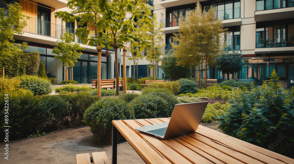 Wooden Garden Table with Laptop in Modern Courtyard Wooden Garden Table with Laptop in Modern Courtyard