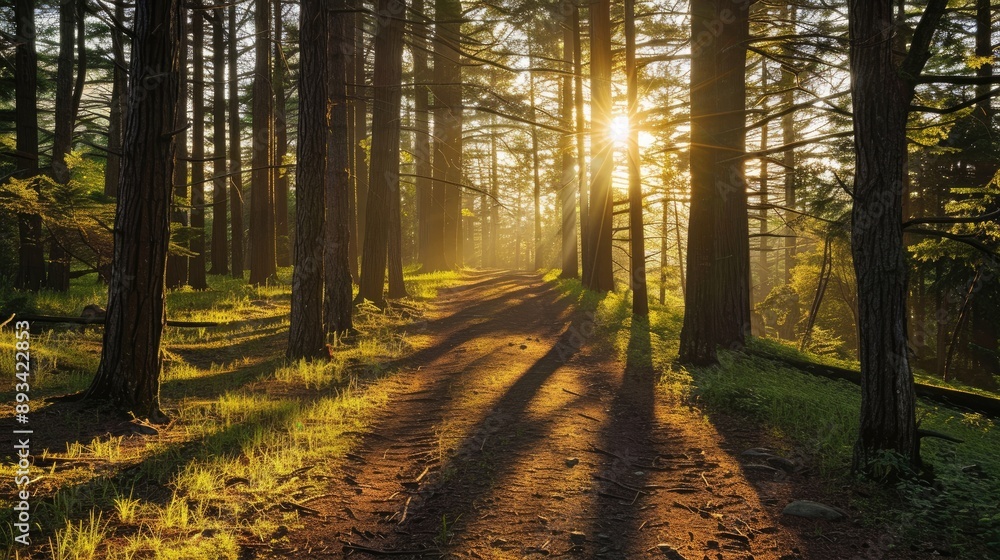 Obraz premium Sunlight filtering through tall trees, casting long shadows on a forest path.
