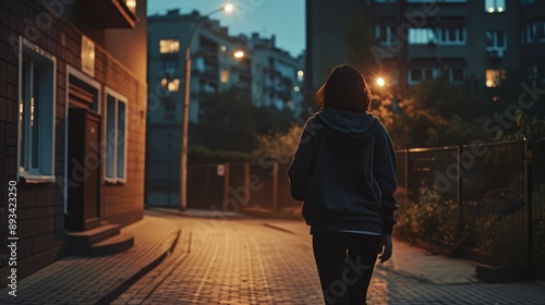 Woman Jogging in Modern Courtyard at Night