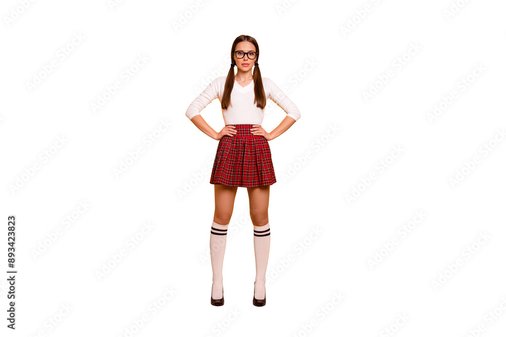 Full length body size view of her she nice-looking attractive winsome gorgeous content slender adorable tall teen girl isolated over bright vivid shine yellow background Full length body size view of her she nice-looking attractive winsome gorgeous content slender adorable tall teen girl isolated over bright vivid shine yellow background