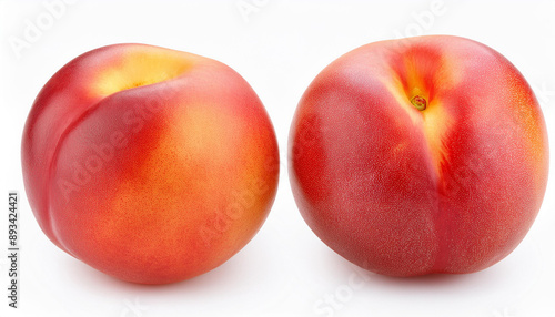 Vibrant ripe peach isolated on white. Fresh nectarine. Delicious summer fruit. Tasty and healthy food.