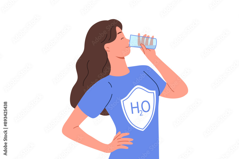 Woman drinks water from glass, dressed in t-shirt with h2o logo, uses aqua therapy to cleanse of toxins. Girl enjoys taste of purified mineral water obtained in environmentally friendly place Woman drinks water from glass, dressed in t-shirt with h2o logo, uses aqua therapy to cleanse of toxins. Girl enjoys taste of purified mineral water obtained in environmentally friendly place