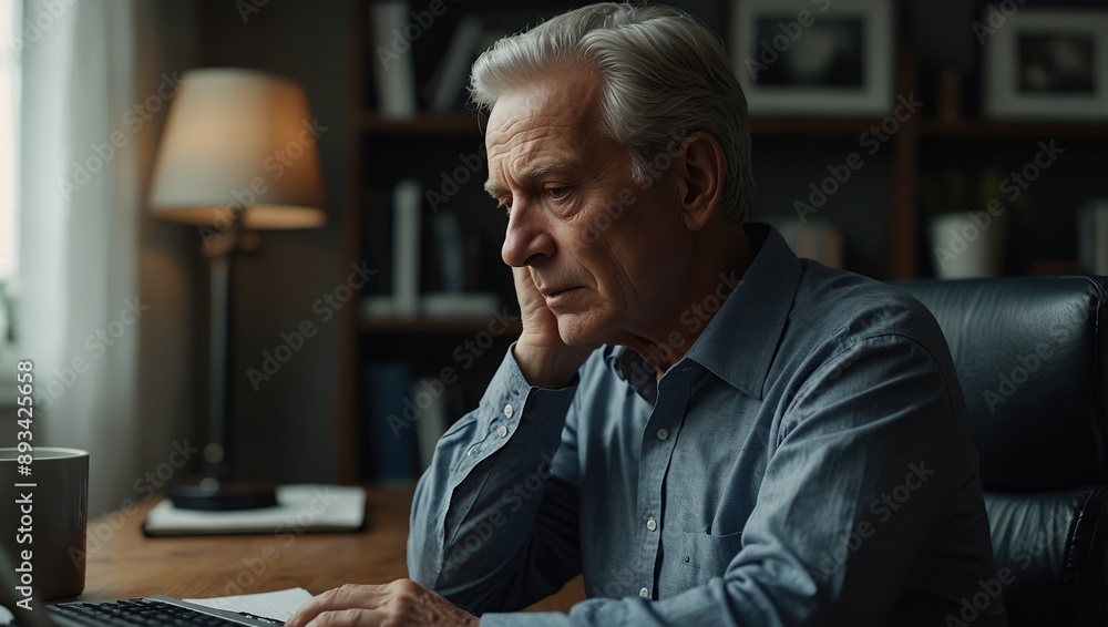 A senior man sitting at home office with computer and having headache A senior man sitting at home office with computer and having headache