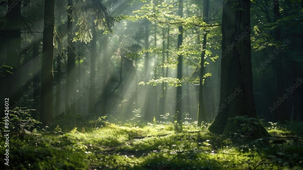 Fototapeta premium Sunlight streaming through the branches, creating a play of light and shadow on the forest floor.