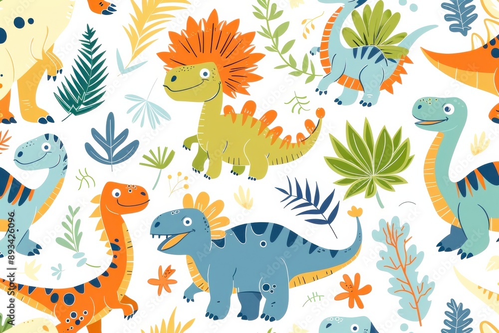 A playful illustration featuring a variety of dinosaurs in vibrant colors, surrounded by lush tropical foliage, creating a cheerful and whimsical jungle scene A playful illustration featuring a variety of dinosaurs in vibrant colors, surrounded by lush tropical foliage, creating a cheerful and whimsical jungle scene