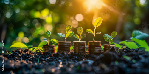 Las monedas se apilan creciendo con una planta verde sobre un fondo oscuro, representando el crecimiento empresarial y el desarrollo financiero de la empresa o el conocimiento personal, concepto foto 