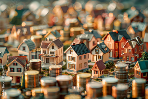 Un fondo conceptual de casas en miniatura y montones de monedas, que simboliza un banner de un sitio web inmobiliario para anuncios de viviendas, ilustrado al estilo de una fotografía