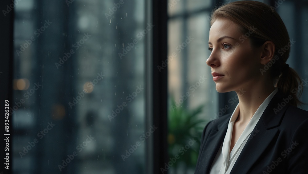 A serene woman in business attire reflects by a glass window, an abstract hint of introspection, suitable for an elegant wallpaper or background best-seller A serene woman in business attire reflects by a glass window, an abstract hint of introspection, suitable for an elegant wallpaper or background best-seller