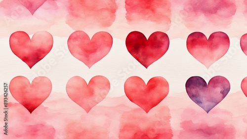 A series of watercolor hearts aligned horizontally or vertically, each heart transitioning through a gradient of colors photo