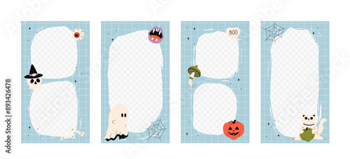 Halloween social media stories templates with cute holiday characters. Cute layout and templates with decorative frame. Vector stock design in flat style with skull, pumpkin, cat, spider web.