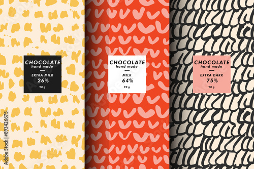Vector set of templates contemporary abstract cover and patterns for chocolate and cocoa packaging with labels. Minimal modern backgrounds