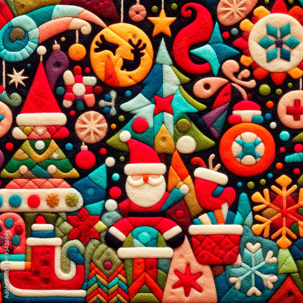 Felt art patchwork, christmas concept, needlepoint, abstract silhouette, expressionist style, colorful holiday Felt art patchwork, christmas concept, needlepoint, abstract silhouette, expressionist style, colorful holiday