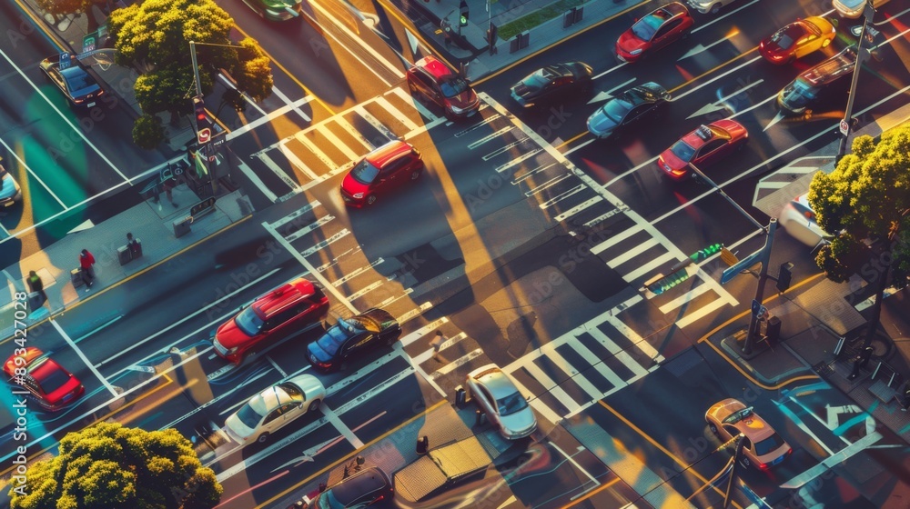 Obraz premium A busy intersection with cars and pedestrians navigating traffic lights during rush hour.