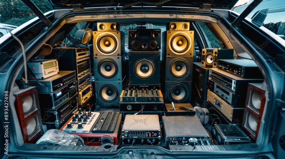Obraz premium A car trunk filled with customized audio equipment, including subwoofers and amplifiers.