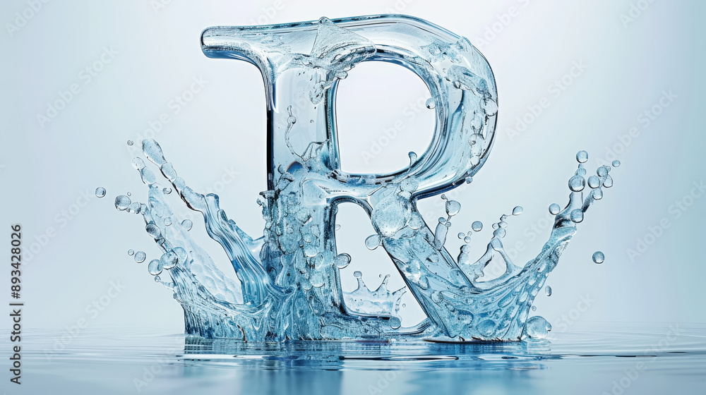 Capital letter R made of blue water splashes or ice on light background. Scrapbook activity. Generative AI Capital letter R made of blue water splashes or ice on light background. Scrapbook activity. Generative AI