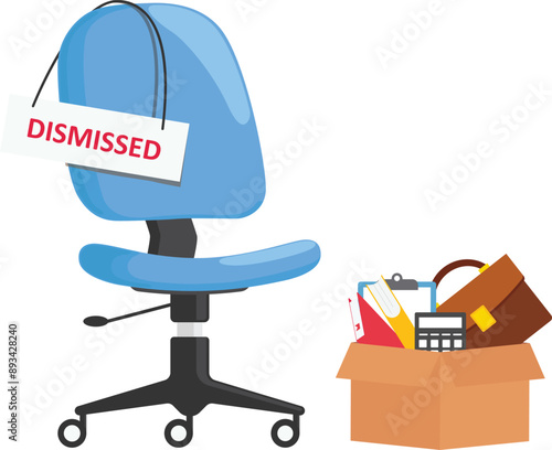 Dismissed. Fired from job. Business chair with box with office things. Flat style vector illustration.

