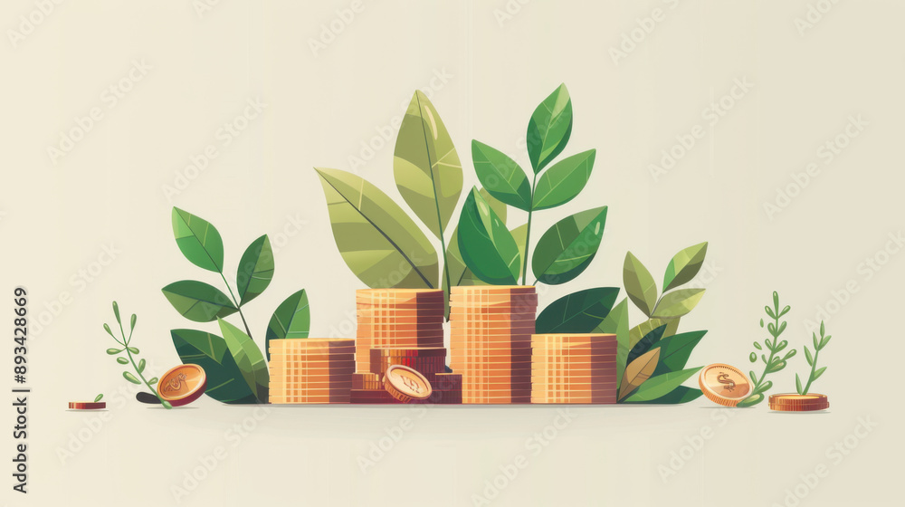 Stacks of coins with growing plants, representing financial growth, investment, and sustainable economy on a light background. Stacks of coins with growing plants, representing financial growth, investment, and sustainable economy on a light background.