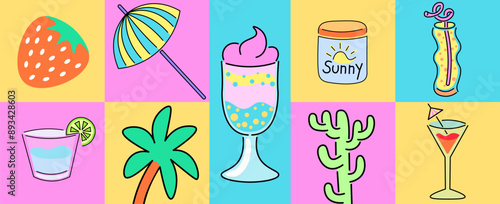 isolated colored glasses with cocktails and ice cream set icons on the theme of summer and vacation. design for logo sticker print poster