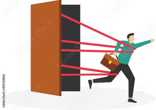 leaving company, people management or human resources problem concept, business people employee resign and walk through exit door. Flat vector illustration

