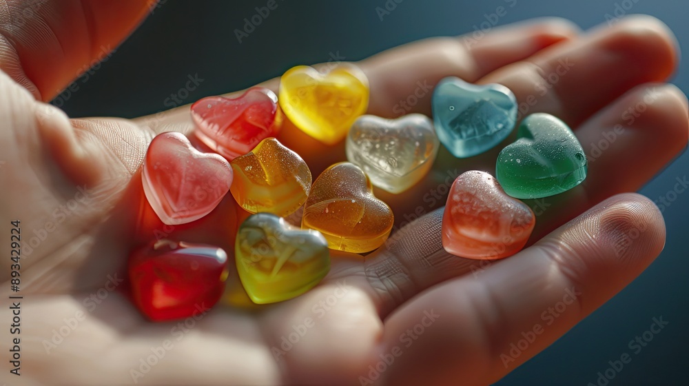 Multicolored candy in the hand is large. Selective focus Multicolored candy in the hand is large. Selective focus