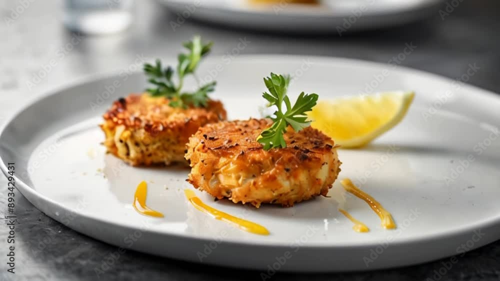 Video delicious fried crab cakes garnished with parsley served on a plate with lemon wedge. Traditional food of American cuisine. Whole food balanced diet concept Video delicious fried crab cakes garnished with parsley served on a plate with lemon wedge. Traditional food of American cuisine. Whole food balanced diet concept