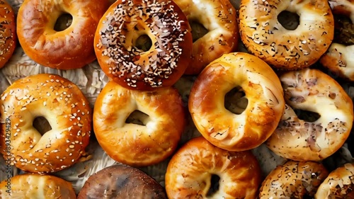 Video of variety of freshly baked bagels plain with sesame and poppy seeds top view. Bread making comfort food concept