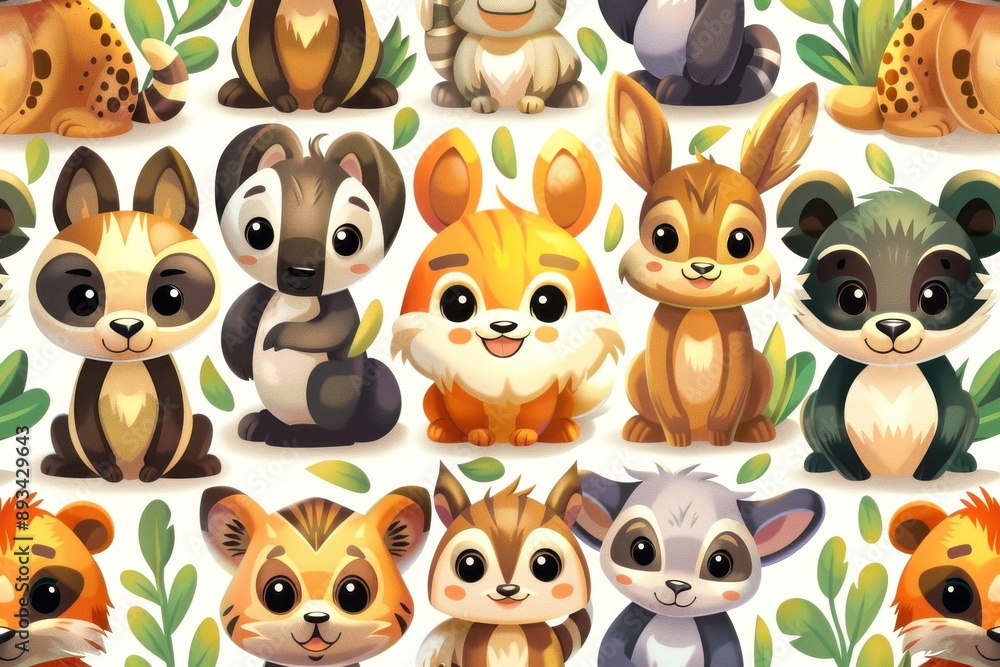 A charming collection of cute cartoon animals, including a raccoon, fox, squirrel, and more, gathered together in a joyful pattern against a white background A charming collection of cute cartoon animals, including a raccoon, fox, squirrel, and more, gathered together in a joyful pattern against a white background
