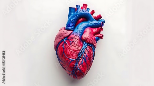 Full body shot photo of a human heart illustration, with red body and blue and pink arteries, in a simplified and stylized manner, set against a white background