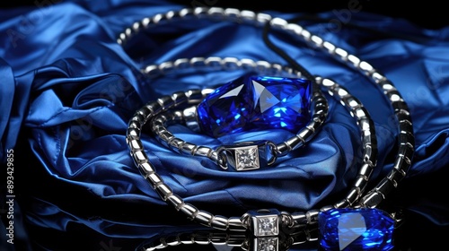 Wallpaper Mural A close-up of an electric blue diamond necklace on a black cloth, a fashionable accessory that shines like water in an urban cityscape   Torontodigital.ca