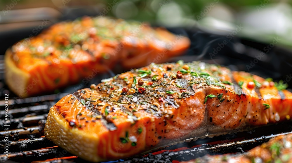 Salmon on the grill. Selective focus Salmon on the grill. Selective focus