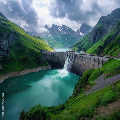 majestic hydroelectric dam nestled in a lush green valley with powerful water cascades and a serene lake illustrating sustainable energy production and flood control © furyon