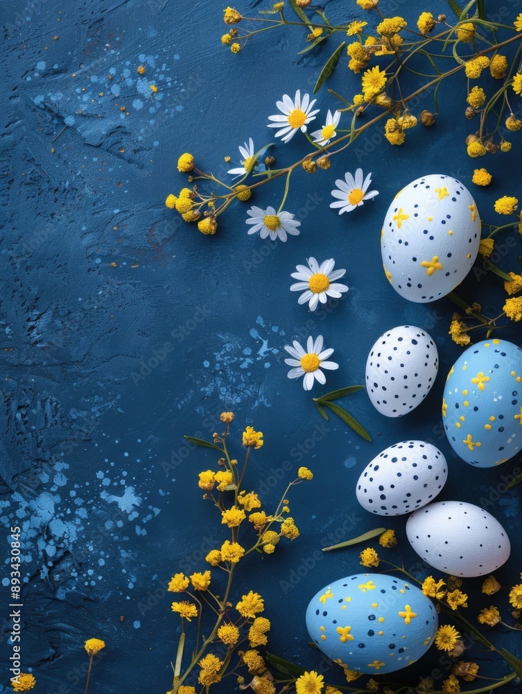 A collection of white and blue Easter eggs decorated with yellow flowers on a blue surface A collection of white and blue Easter eggs decorated with yellow flowers on a blue surface