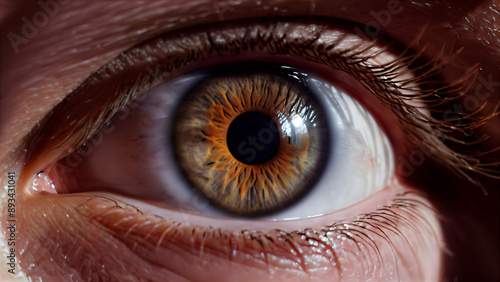 Deep Look: A close-up of an eye with a close-up of the iris, pupil, cornea, and eyelashes. The beauty of nature in the structure of the organ of vision, naturalness and expressiveness. Macro details o