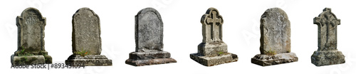 Collection of tombstones or gravestones isolated on a transparent background, cut out, PNG