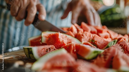 An image of someone slicing a fresh watermelon into juicy, vibrant red pieces, showcasing the freshness and succulence of summer fruit preparation in a lively kitchen.