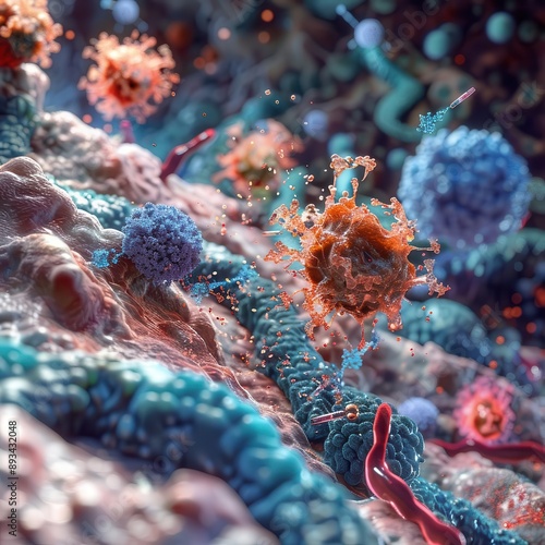 microscopic view of a tumor microenvironment showcasing cancer cells tcells and nanoparticles 3d rendering illustrates the complex interactions within the cellular landscape photo