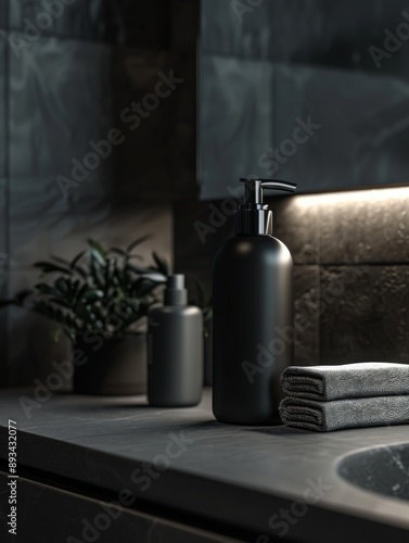 Conditioner, soap , deep black, matte bottle, interior lighting, modern bathroom setting