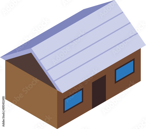 Isometric icon representing small wooden house with gable roof, suitable for real estate market or construction industry designs