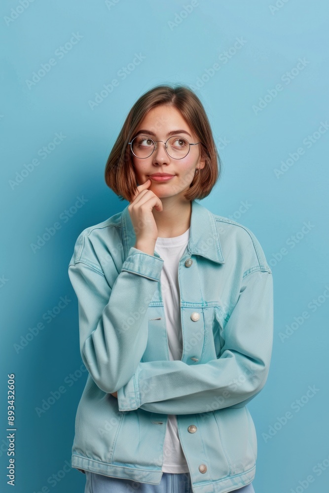 Woman portrait glasses jacket.