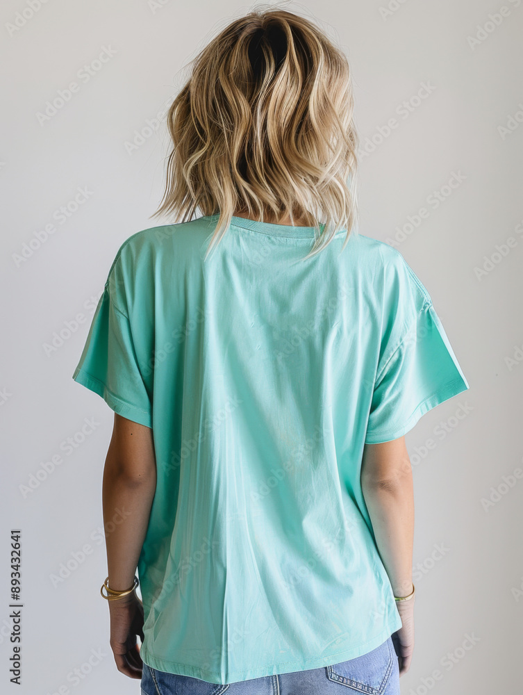 A thin, athletic American woman in a loose neon aquamarine T-shirt. The model has short, wavy blonde hair that doesn't reach her shoulders. The photo was taken from behind A thin, athletic American woman in a loose neon aquamarine T-shirt. The model has short, wavy blonde hair that doesn't reach her shoulders. The photo was taken from behind